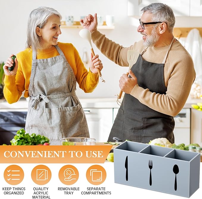 Suzile Acrylic Cutlery Storage Organizer Bin Silverware Caddy Countertop Knife Spoon and Fork Holder Kitchen 3 Section Tableware Storage Box for Cabinet Indoor Home Flatware Dining Room (Gray,M)
