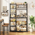 Baker Rack with Power Outlet - Microwave Stand with Storage, Large Coffee Bar Station with 14 Hooks, Metal Kitchen Shelf Rack for Spices, Pots (Rustic Grey)