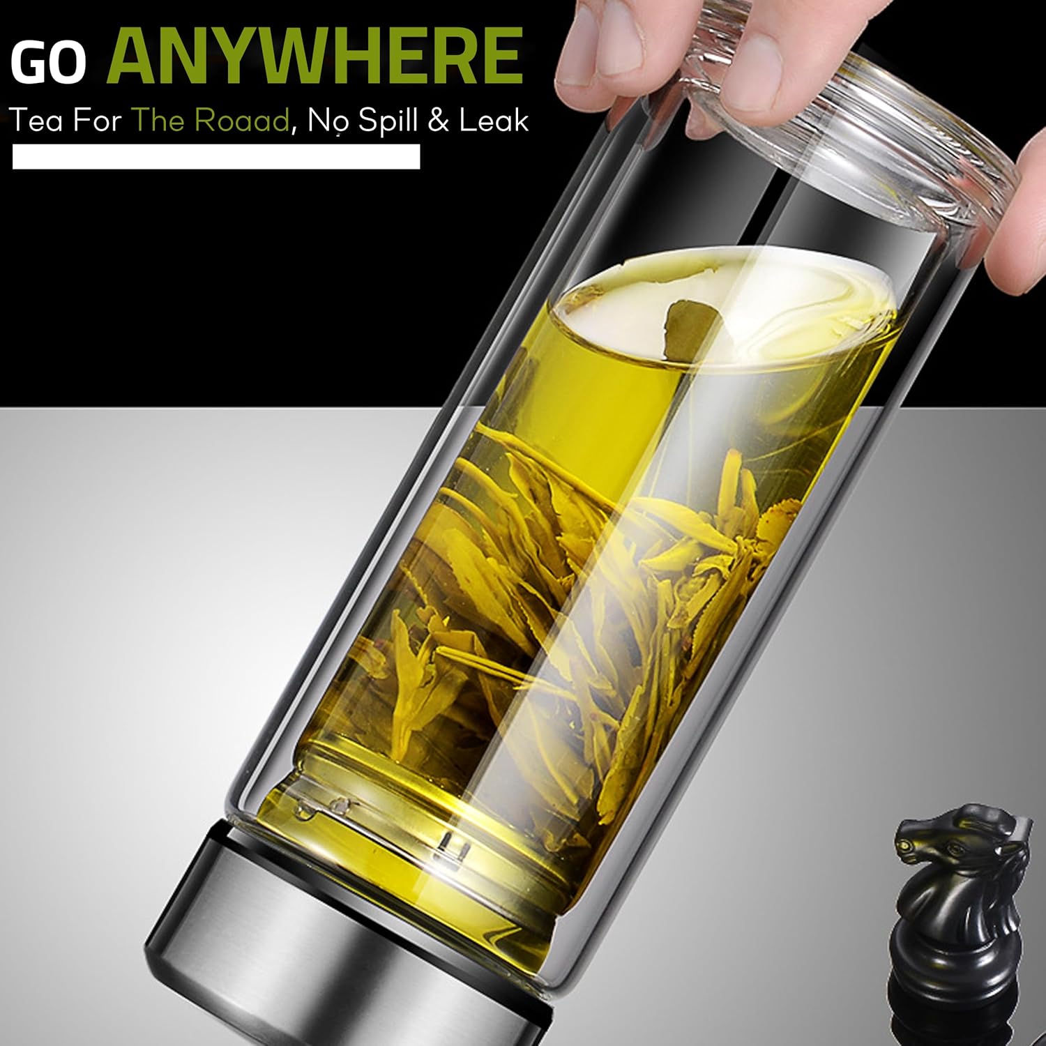 Tea Tumbler with Infuser, 20oz Double Wall Borosilicate Glass Tea Bottle, 100% Leak-Proof with Stainless Steel Filter
