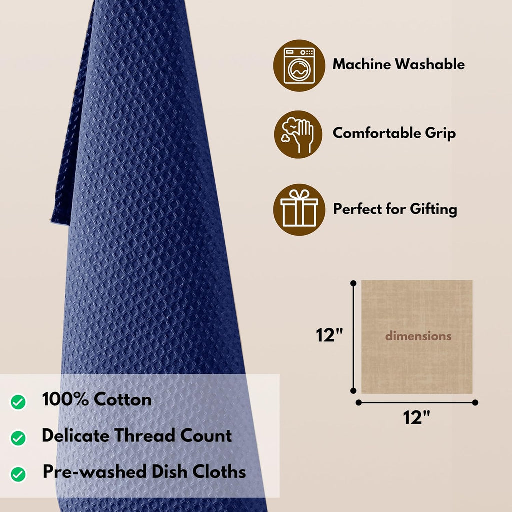 Native Fab Waffle Dishcloths 12 Pack - 100% Cotton, Ultra Absorbent Dish Cloths for Kitchen Cleaning, Drying, and Cooking - Soft and Durable Towels for Everyday Use, 12x12 inch - Ink Blue