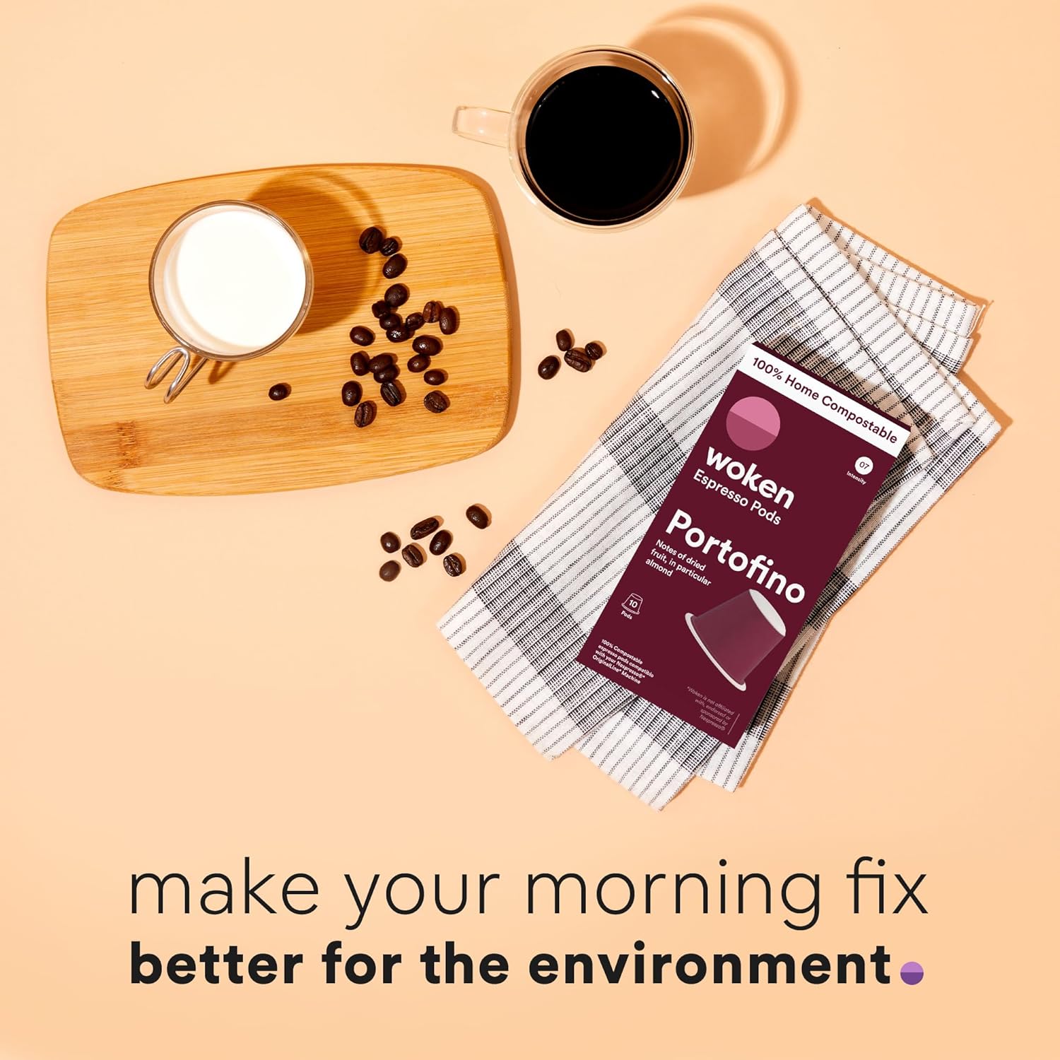 WOKEN COFFEE Compostable Nespresso Pods - Portofino Medium Roast Italian Espresso Coffee Capsules Compatible With Nespresso Coffee Machine (80 Pod Count, 8 Boxes)