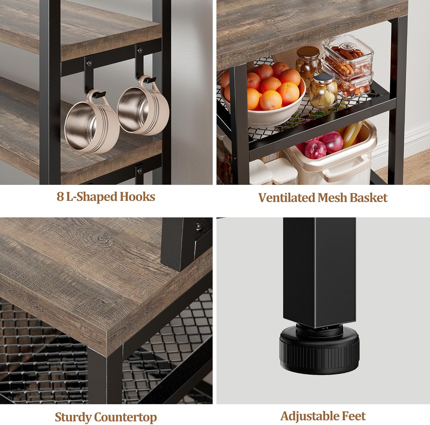 EnHomee Bakers Rack, 6 Tier Microwave Stand, Coffee Bar Organizer with 8 L-Shaped Hooks, Kitchen Shelves with Large Capacity Storage, 14.1 x 30.1 x 63.1 Inches, Black Oak