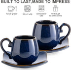 LYEOBOH 3oz Espresso Cups with Saucers, Small Coffee Cups Set of 6 with Spoons and Metal Stand, Ceramic Cute Demitasse Cups for Housewarming Wedding Gift, Cobalt Blue