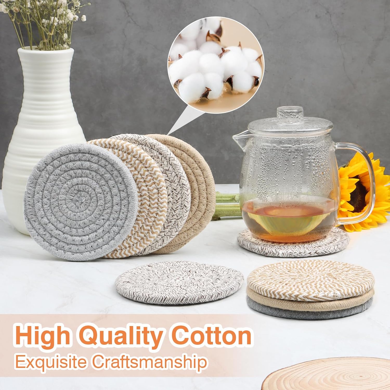 4.8" Khaki Cotton Coasters for Drinks Set of 2 – Absorbent Woven Drink Pads for Coffee & Tea, Boho Minimalist Cup Mats for Desk, Nightstand, Table, Giftable Neutral Coaster Set for Home or Office