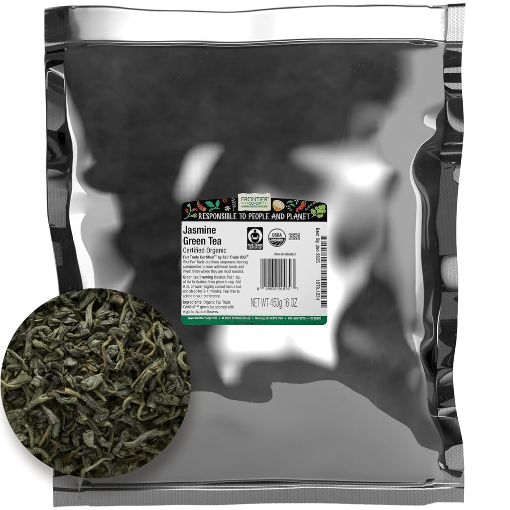 Frontier Co-op Organic Fair Trade Jasmine Green Tea, 1-Pound Bulk, Delicate Loose Leaf Green Tea, Floral, Dry & Medium Bodied