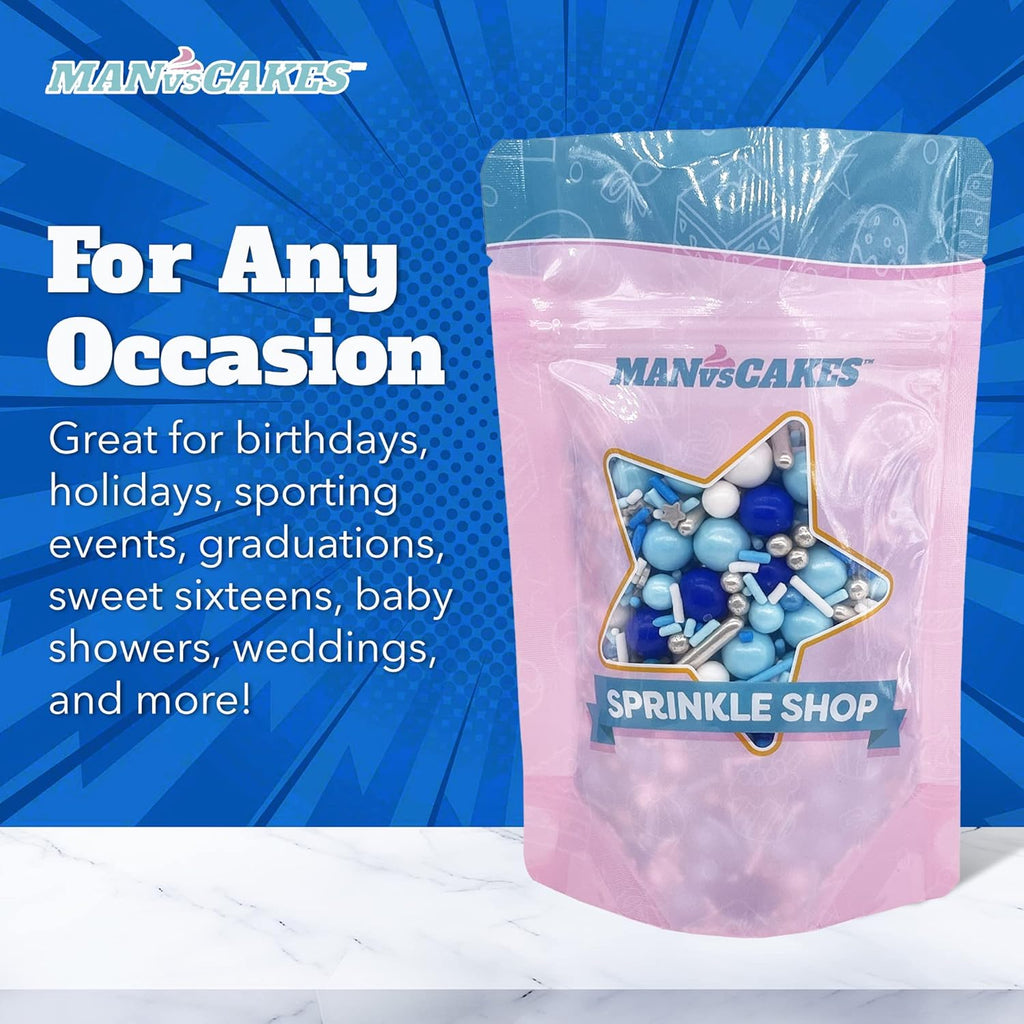 Manvscakes Sprinkles- Edible Cake and Cupcake Sprinkles with Assorted Shapes and Sizes for Parties, Metallic Sprinkle Mix for Cookies, Ice Cream, Cake and Cupcake Decorating, 4 oz, Blue sprinkles