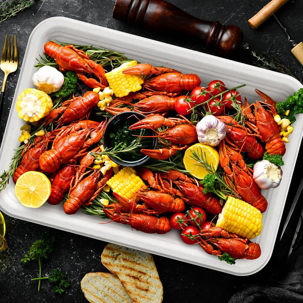 ECOLipak 50 Pack 14 Inch Disposable Food Crawfish Trays, Compostable Large Paper Plates, Disposable Thanksgiving Trays for Serving Food, Turkey, BBQ, Seafood Boil Party Supplies(White)