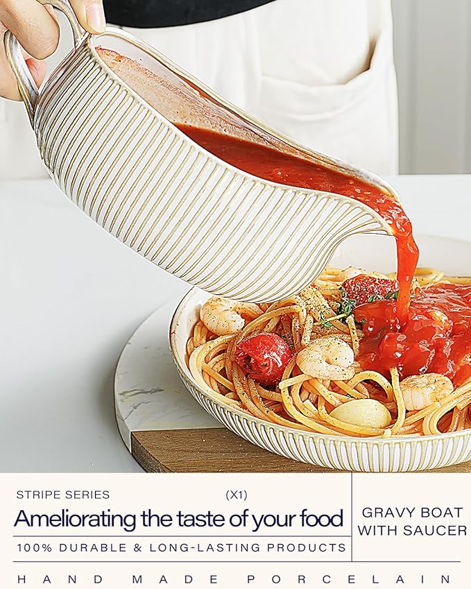 Getstar Gravy Boat with Saucer, Cranberry Sauce Dish Thanksgiving, Ceramic Gravy Dish Bowl, Microwave & Dishwasher Safe (Embossed Stripes)