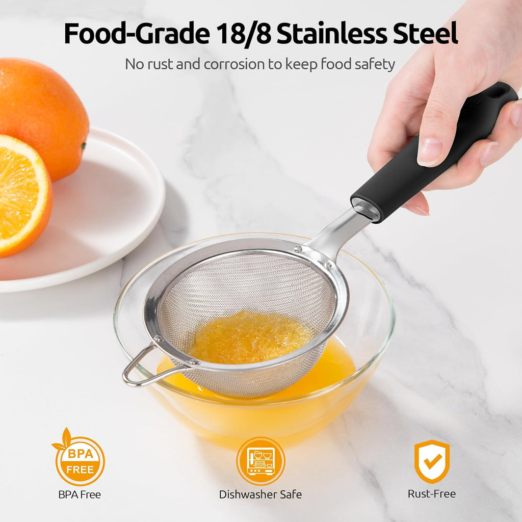 U-Taste Small Fine Mesh Strainer: 18/8 Stainless Steel 3.35in 30 Mesh Kitchen Food Sieve with Sturdy Riveted Silicone Handle, Heavy Duty Deep Handheld Metal Colander for Tea, Juice (Black)