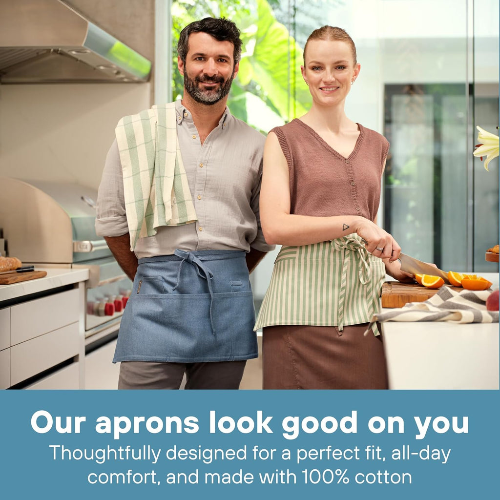 MEEMA Waist Aprons For Women With Pockets | Stylish Server Kitchen Apron Short, 23x13 Inches | Breathable Chef Apron for Cooking | Washable Cooking Aprons