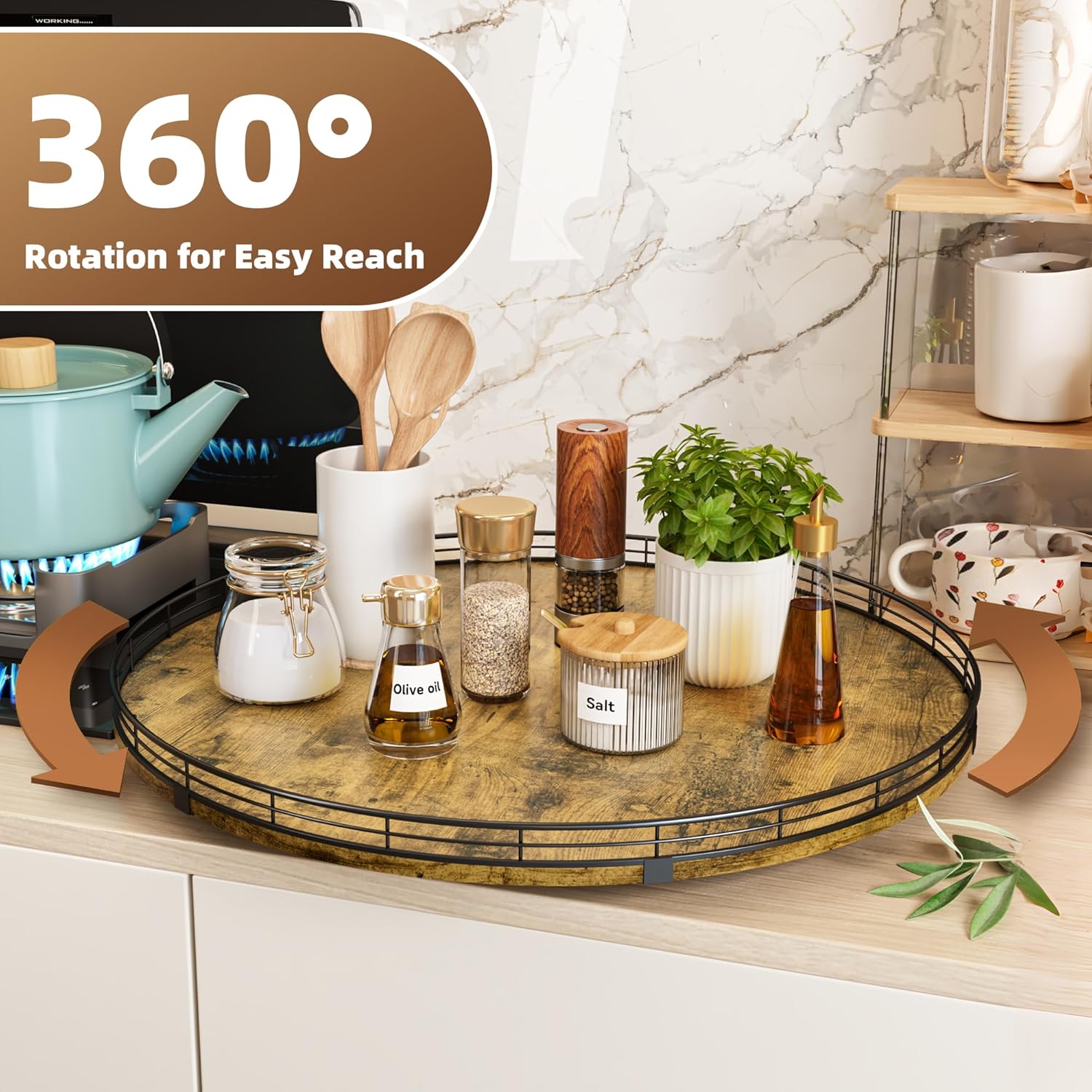 Lazy Susan Turntable Organizer for Table Top, 21’’ Round Wooden Lazy Susan for Cabinet Kitchen Countertop Pantry Dining Coffee Table for Condiments Spices, Rustic Bathroom Vanity Tray for Soap Candle