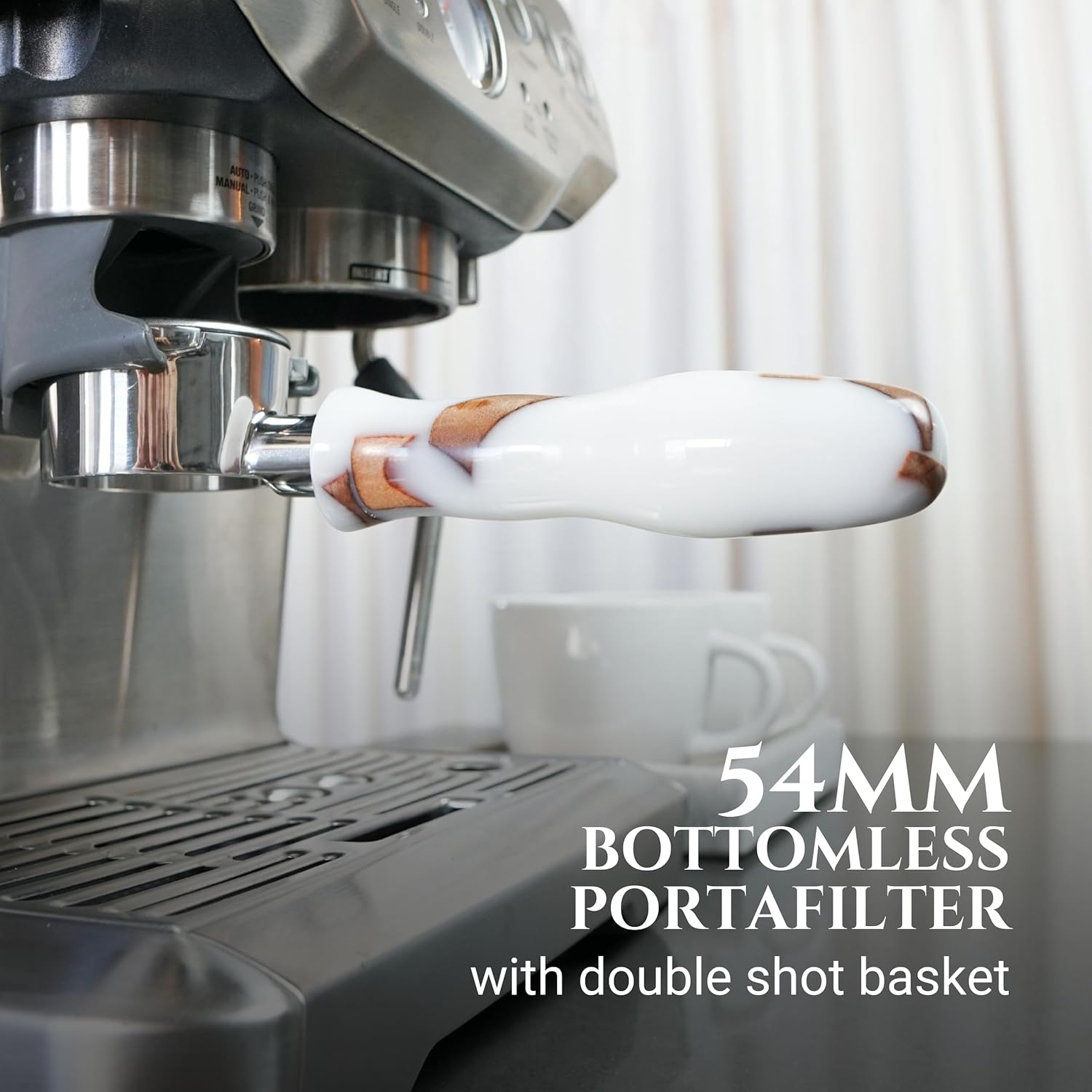 54mm Bottomless Portafilter Modern Handle – Includes Stainless Steel Naked Basket – Fits Breville Barista Express & 54mm Breville Espresso Machines - Espresso Machine Accessories – White