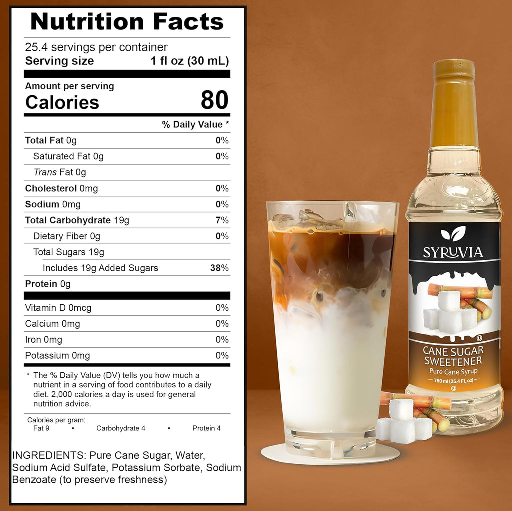 Syruvia Cane Sugar Sweetener Coffee Syrup - 25.4 fl oz. Premium Coffee Flavoring Syrup. Kosher and Gluten-Free. Perfect for Enhancing Drinks, Sodas, Shakes, Desserts, and More.