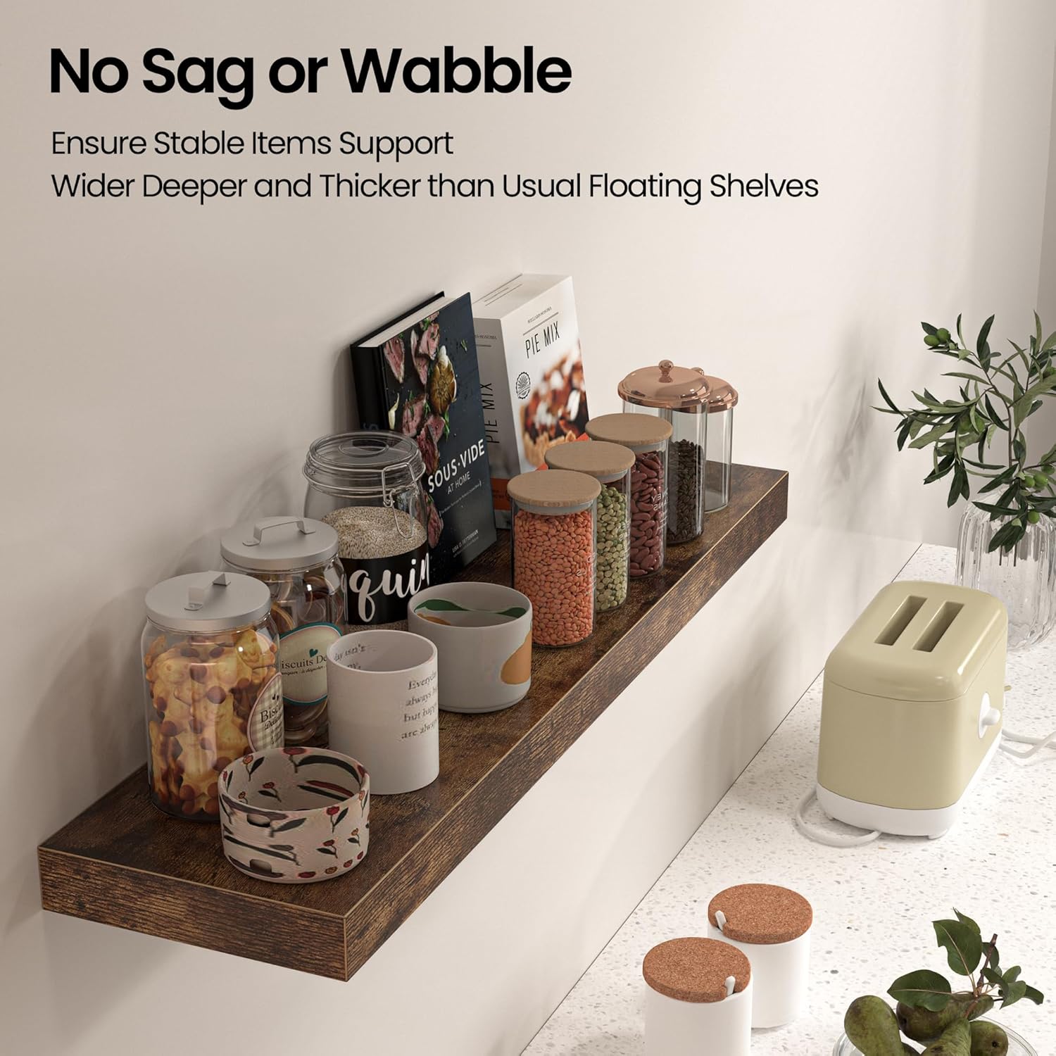 Floating Shelves for Wall, 40"W x 8"D x 1.5"H, Wooden Wall Mounted Display Shelves with Invisible Brackets for Living Room, Bedroom, Bathroom, Kitchen Decor and Storage, Set of 2, Rustic Brown