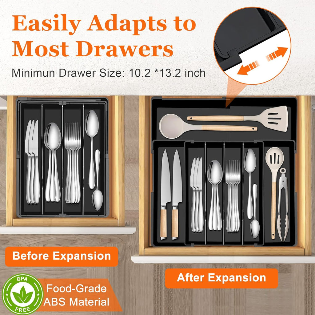 Silverware Organizer - Expandable Kitchen Drawer Organizer BPA-Free Silverware Drawer Organizer, Stackable Cutlery Tray for Forks, Knives, Slim Kitchen Organizers and Storage, Black, Large