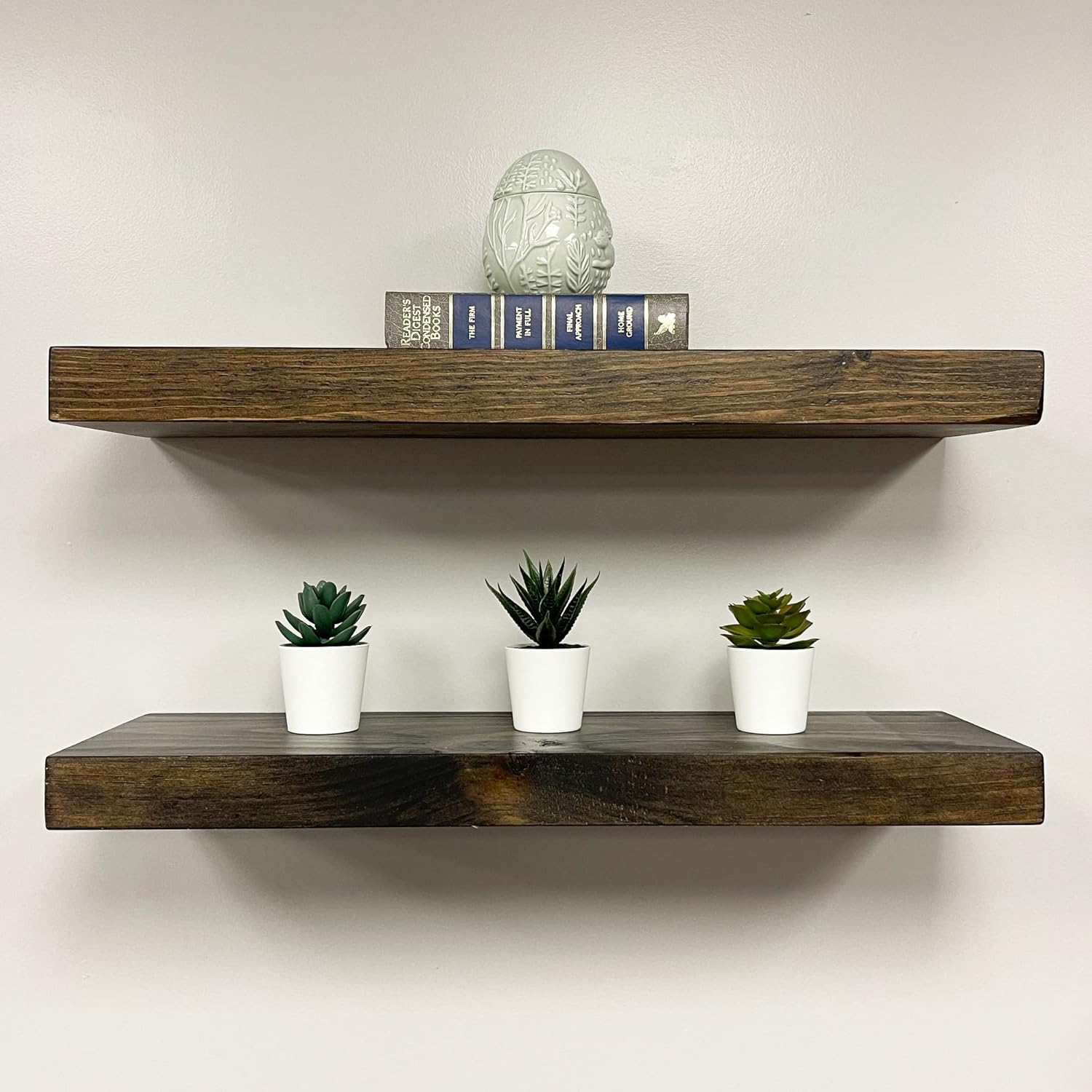 URBANDI, Rustic Floating Shelves, Set of 2, Hidden Bracket, Solid Wood, Heavy Duty, Wall Mounted Shelves, (Dark Brown, 12Wx12D)