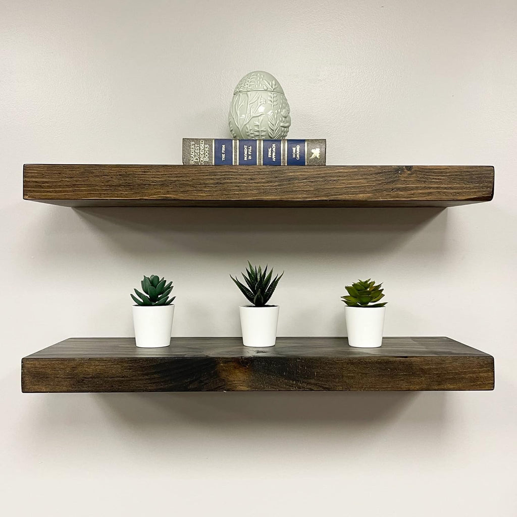 URBANDI, Rustic Floating Shelves, Set of 2, Hidden Bracket, Solid Wood, Heavy Duty, Wall Mounted Shelves, (Dark Brown, 12Wx6D)