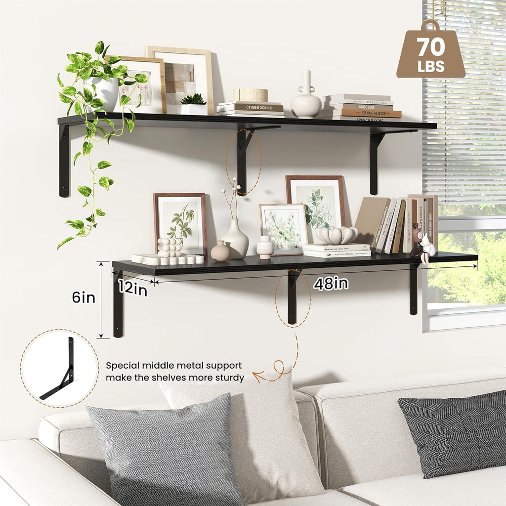 Fun Memories Floating Shelves for Wall, 12 Inch Deep Floating Shelves Set of 2, Wall Mounted Shelf with Metal Brackets, Rustic Wood Wide Shelf for Bathroom, Kitchen and Living Room, Black, 48W x 12D