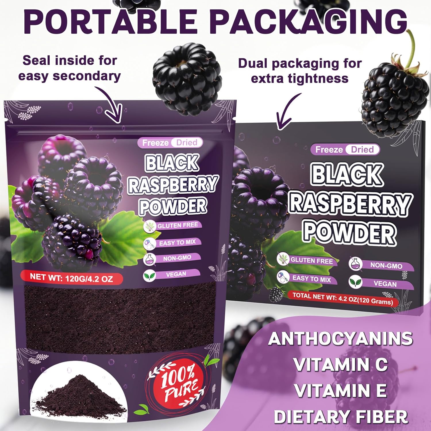 Freeze Dried Balck Raspberry Powder - 100% Black Raspberry Extract Fruit Powder for Smoothies, Made from Whole Raspberries No Additive Natural Food Coloring for Baking, Cake Decoration - 4oz