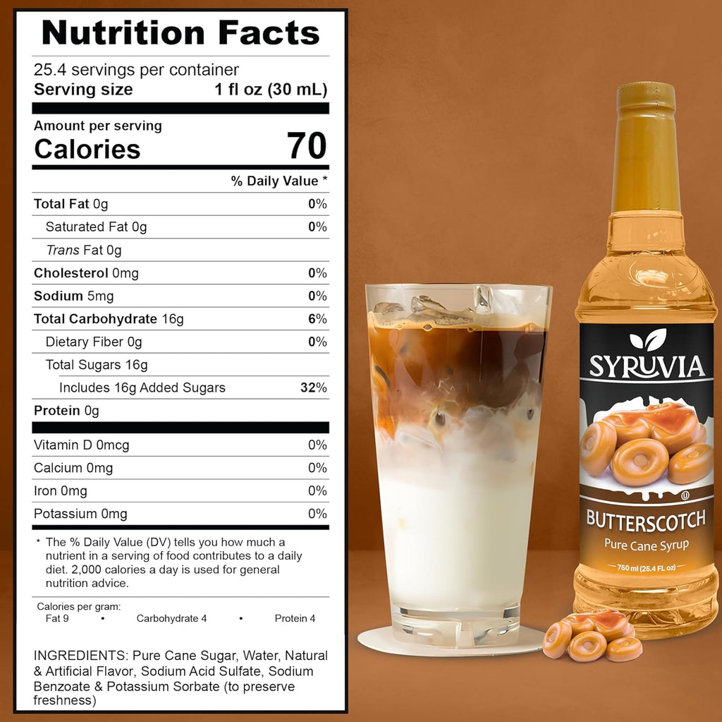 Syruvia Glazed Donut & Butterscotch Coffee Syrup - 25.4 fl oz Premium Coffee Flavoring Syrup. No Coloring, Kosher, and Gluten-Free. Perfect for Drinks, Sodas, Shakes, Desserts, & More.