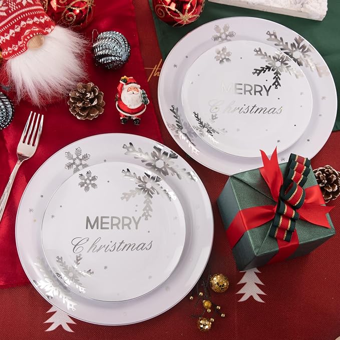 KIRE 25 Guest Christmas Plates - White Plastic with Silver Snowflake Design, Disposable Silverware & Clear Cups for Christmas Party Supplies