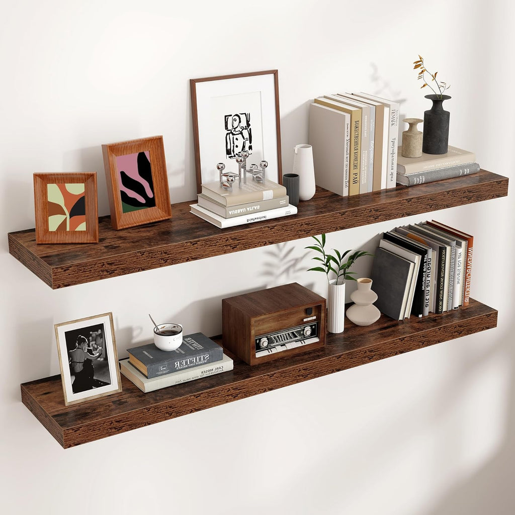 Floating Shelves - 2 Large Wall Mounted Shelves with Invisible Brackets, Long Wood Floating Wall Shelf for Living Room, Bedroom, Kitchen (Brown, 48" W x 9" D x 1.5" H)