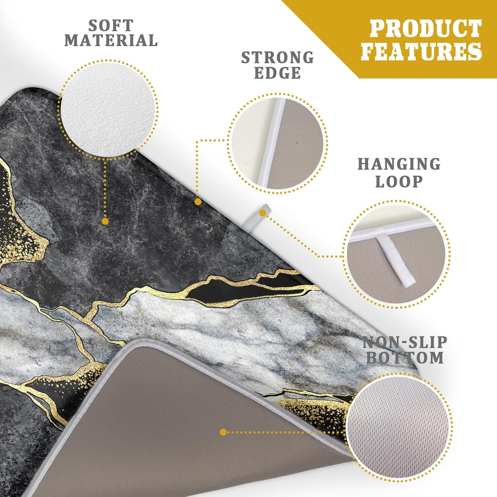 Giwawa Marble Dish Drying Mat for Kitchen Counter 18x24 inch Black Grey Gold Marbling Print Decorative Absorbent Dish Drying Pad Elegant Luxury Granite Stone Microfiber Large Drainer Rack