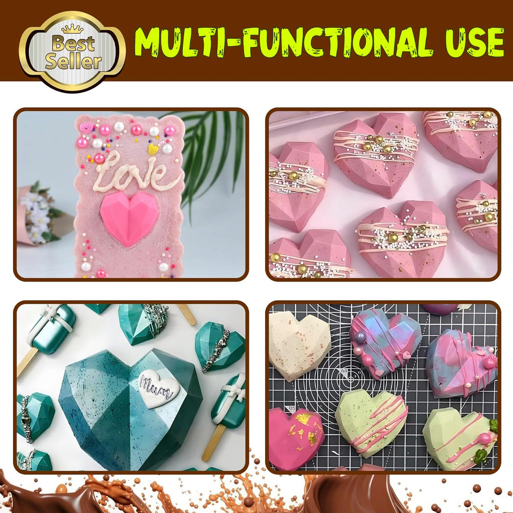 Mini Diamond Heart Shaped Chocolate Mold 15 Holes 3D Heart Candy Molds Silicone Mini Silicone Baking Pan - 4 Pack
