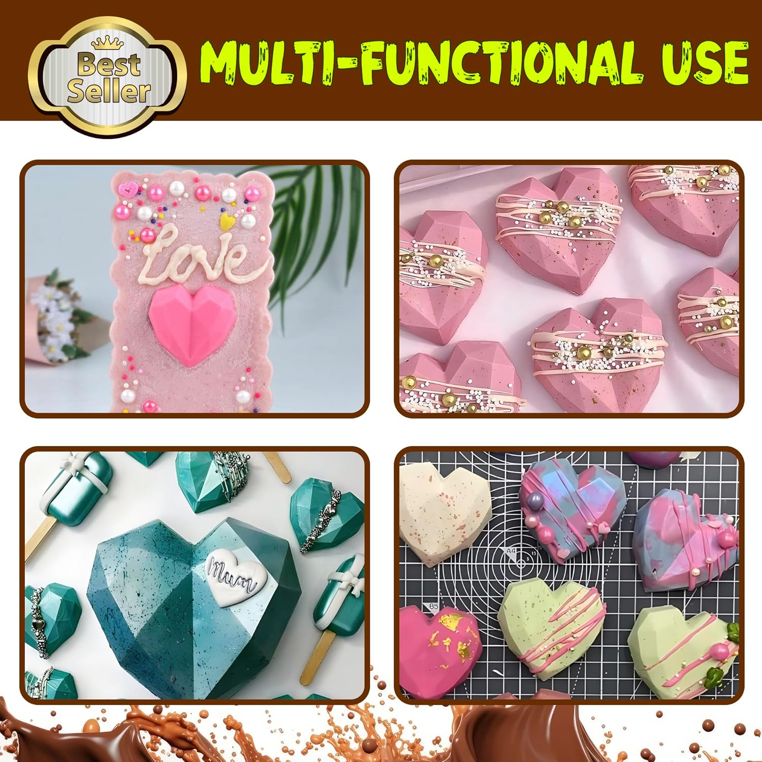 Mini Diamond Heart Shaped Chocolate Mold 15 Holes 3D Heart Candy Molds Silicone Mini Silicone Baking Pan - 4 Pack