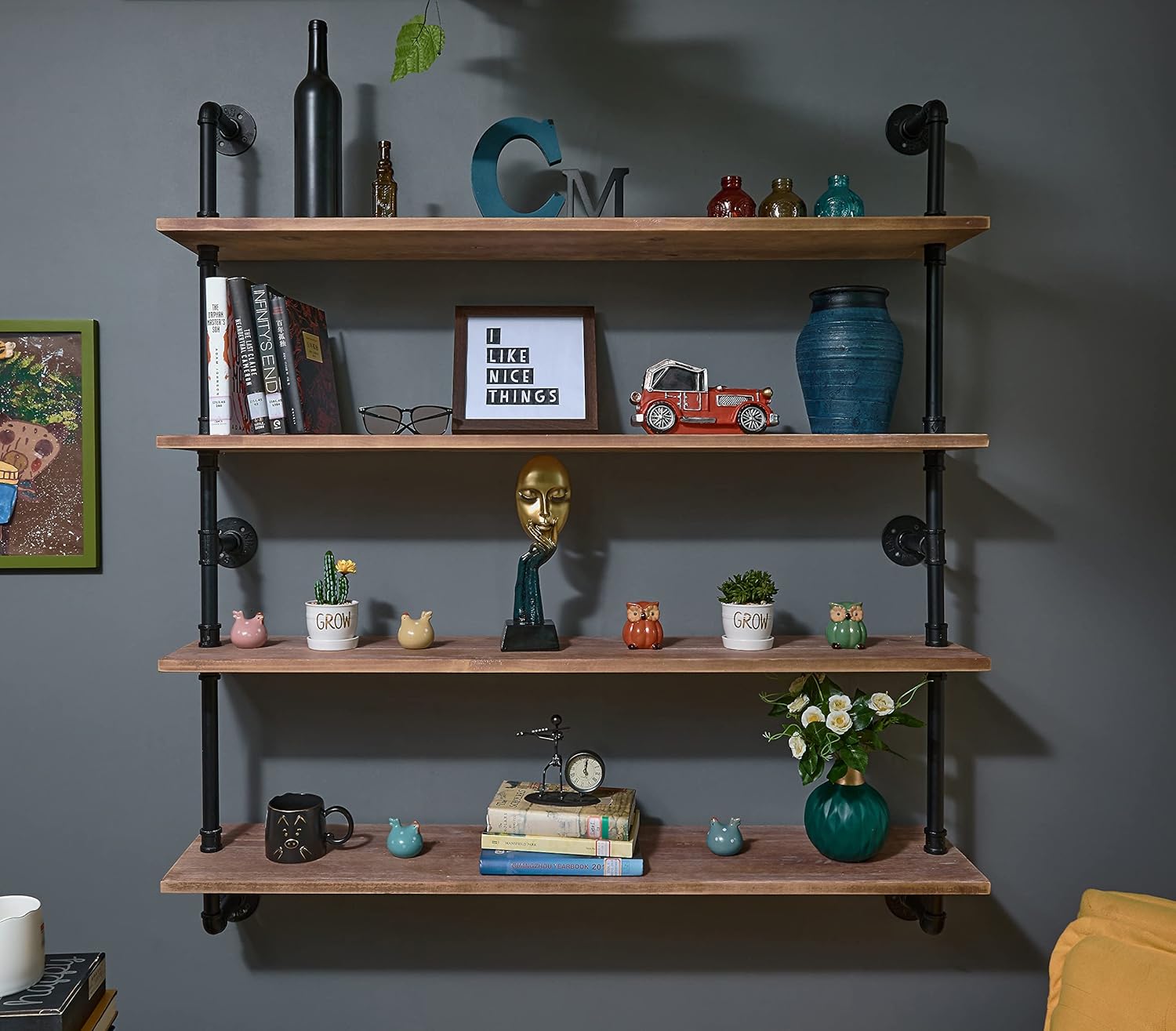 Floating Bookshelf Shelves Industrial Pipe Shelving Floating Pipe Shelf with Wood Planks 48 inch Industrial Wall Shelves Rustic Hanging Bookshelf Farmhouse Kitchen Shelving