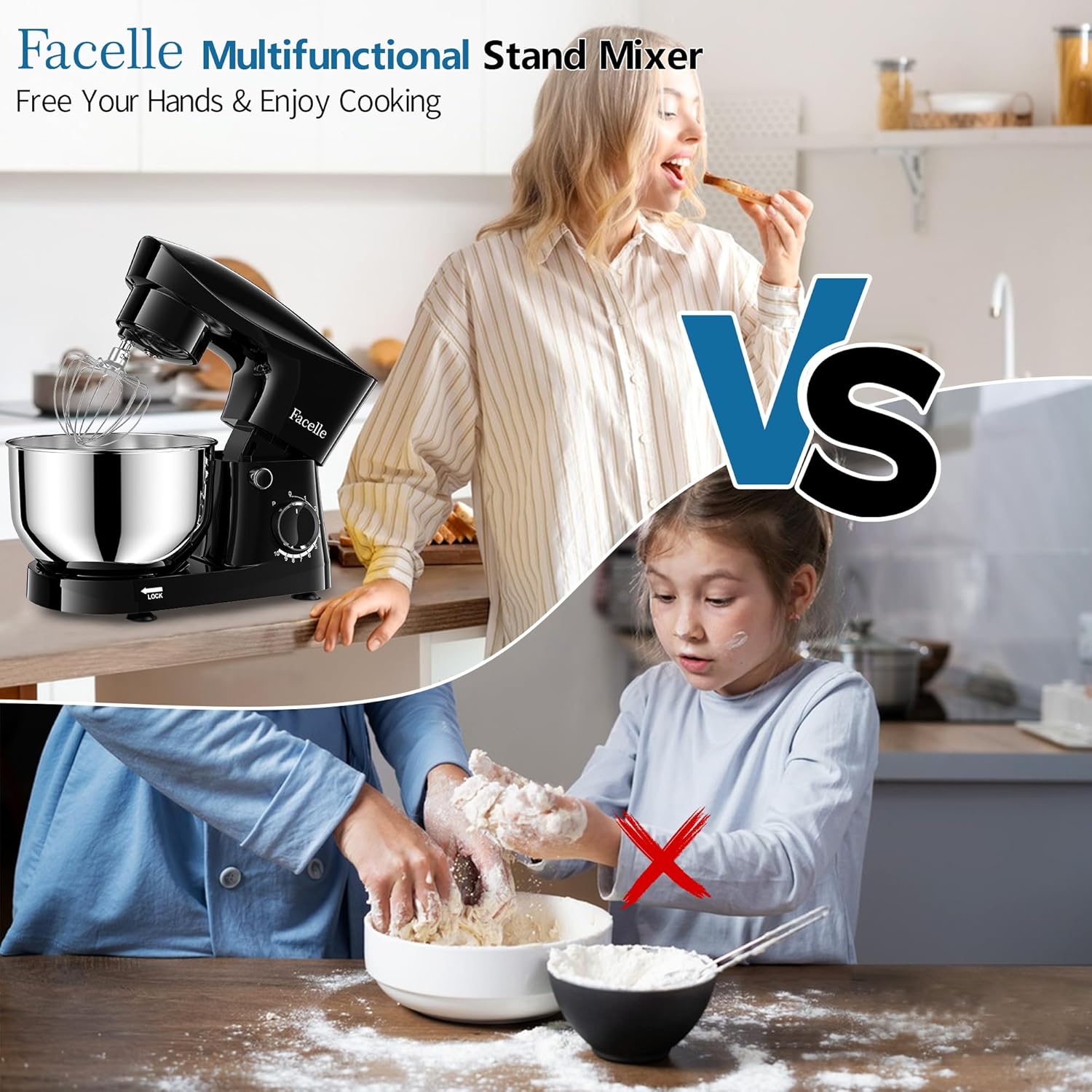Facelle Stand Mixer, 10-Speed 6QT Kitchen Electric Mixer, Tilt-Head Food mixer with Beater, Dough Hook, Wire Whip and Egg Separator, scraper for Most Home Cooks - Black