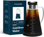 OVALWARE Airtight Cold Brew Iced Coffee Maker Pitcher (& Iced Tea Maker) with Spout – 1.5L/ 51oz Brewing Glass Carafe with Removable Stainless Steel Filter