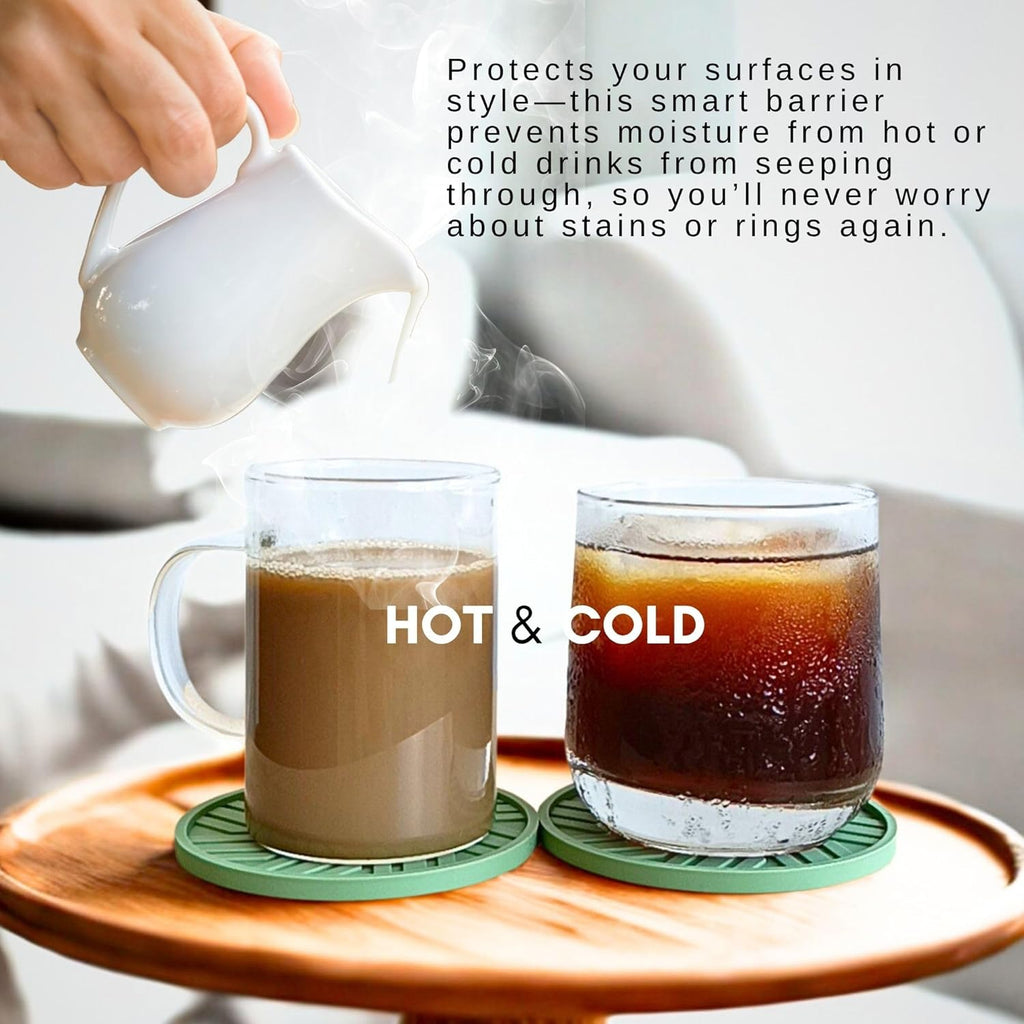 Silicone Coasters Set of 6 with Holder - Unique and Modern Pattern for Coffee Table Decor, Help to Prevents Liquid Dripping with ridges Design Durable and Aesthetic - Sage Green