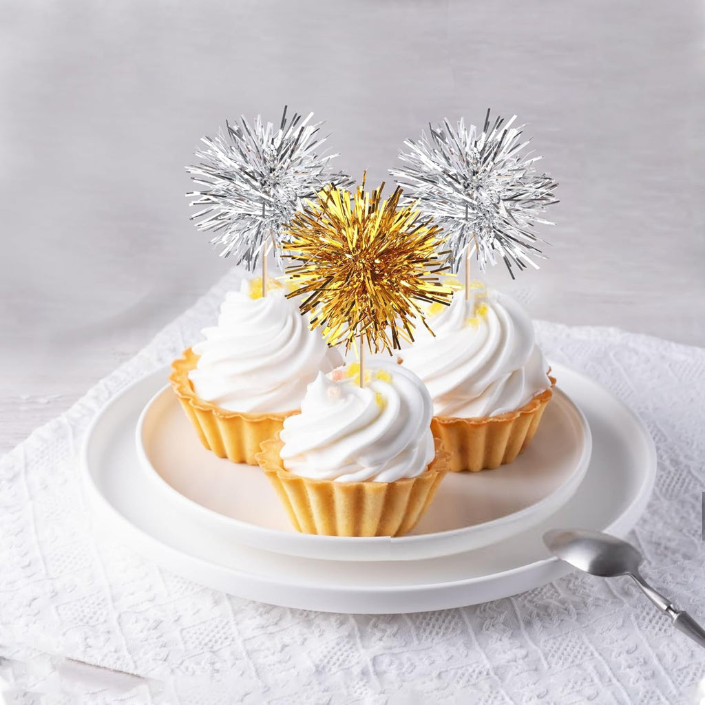 40 PCS Foil Firework Cupcake Toppers Sparkle Tinsel Cupcakae Picks Foil Firework Party Decorations Cocktail Fruit Toothpick for Fireworks Theme Birthday Wedding Graduation Party Decoration Gold Silver