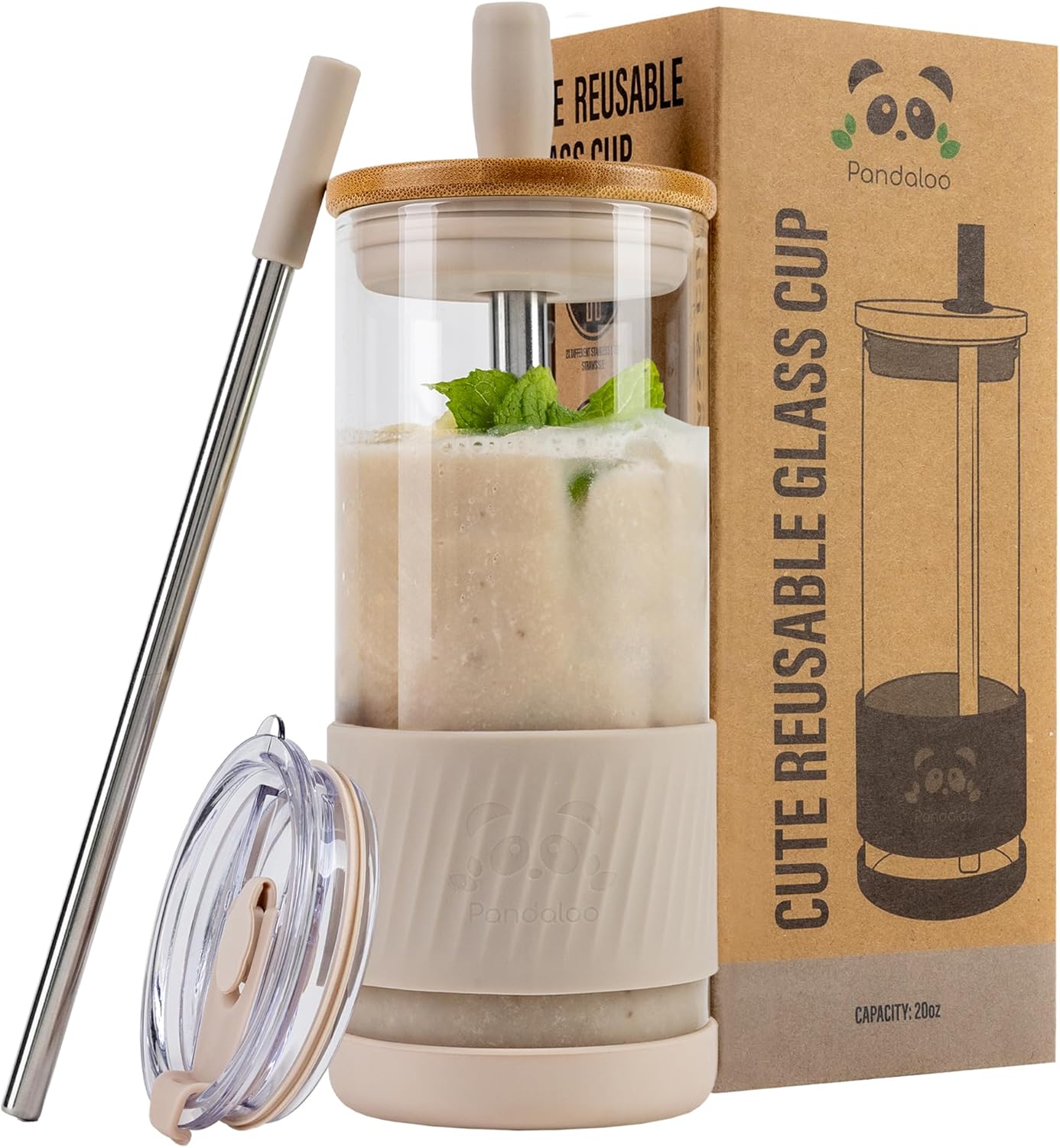 Pandaloo® Glass Cups With Lids and Straws -20 Fl Oz- Perfect Size Iced Coffee Cup - Smoothie Cup With Bamboo Lid and On the go Lid (Creamy Mushroom, 1 Count (Pack of 1)
