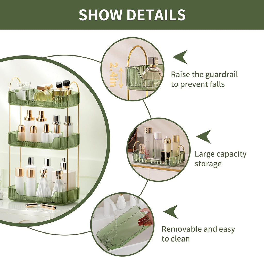 YCIA&DONE Bathroom Organizer Countertop, Makeup Storage, Skincare Cosmetic Tray Shelf, Perfume Holder Rack for Vanity Counter, Large Capacity, Easy to Install, Clean, 3 Tiers, Vintage Green