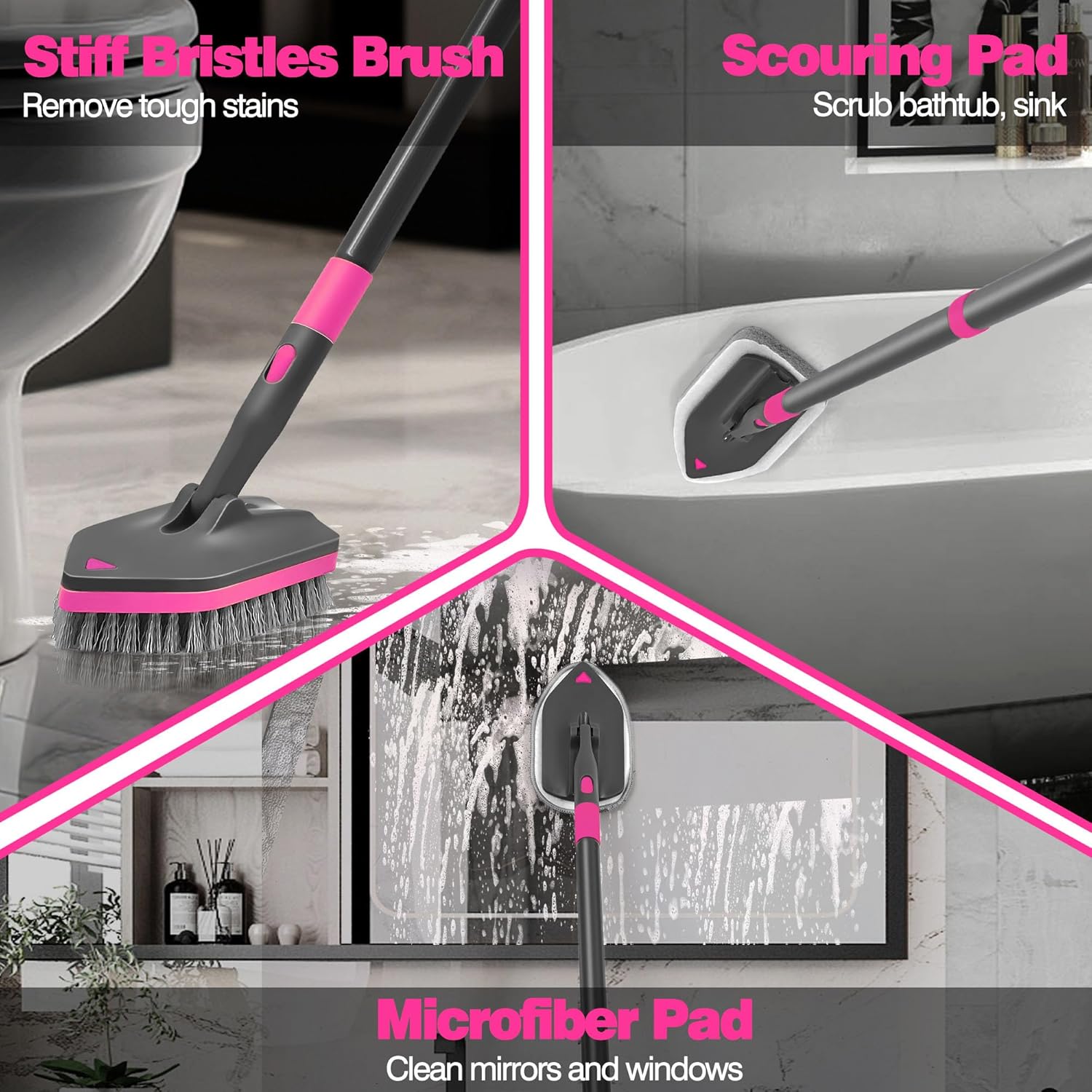 NEWE Shower Cleaner Brush, Tub Tile Scrubber with Telescopic Long Handle 60 inches, 4 Scrub Heads for Cleaning Bathroom Bathtub Floor Baseboard Sink Kitchen Toilet (Grey Red)