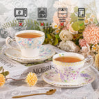 KAMMAK Tea Cups and Saucers Set of 2, Reinforced Porcelain Coffee Cups, 7.4-Ounce Stackable Espresso Mugs, Ceramic Demitasse for Coffee, Cappuccino, Latte, Americano, Tea, Lilac + Colorful