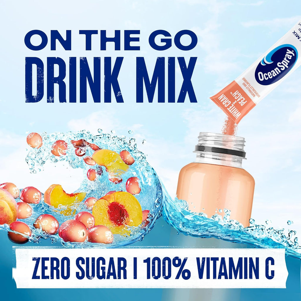 Ocean Spray® White Cran-Peach™ Zero Sugar Powder Drink Mix Packets with Real Cranberry Juice Powder, 100% Vitamin C, No Synthetic Dyes, Juicy Mixes (40ct)