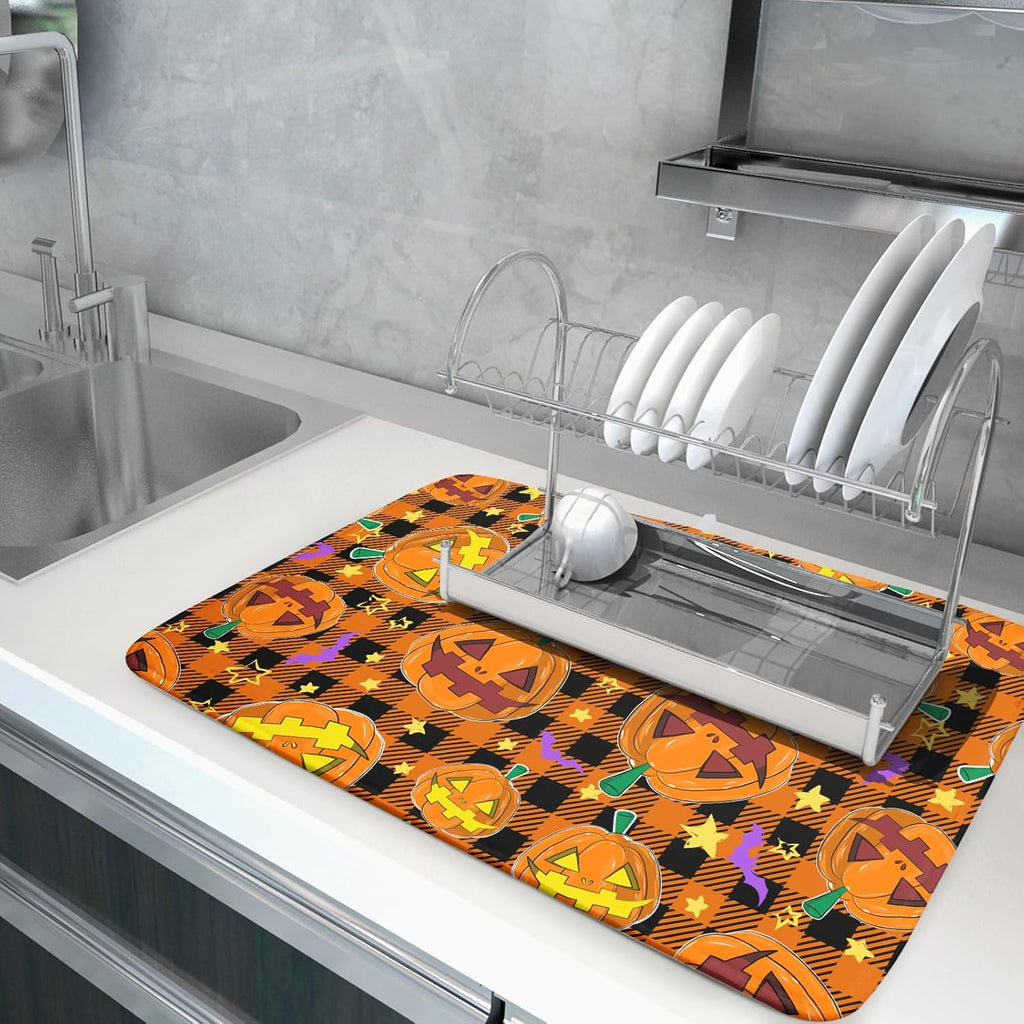 Giwawa Halloween Dish Drying Mat, 18"x24" Spooky Pumpkins Bats Orange Black Buffalo Plaids Dish Drainer Mats, Large Absorbent Fast Drying Dish Drying Pad for Kitchen Countertop Holiday Decor