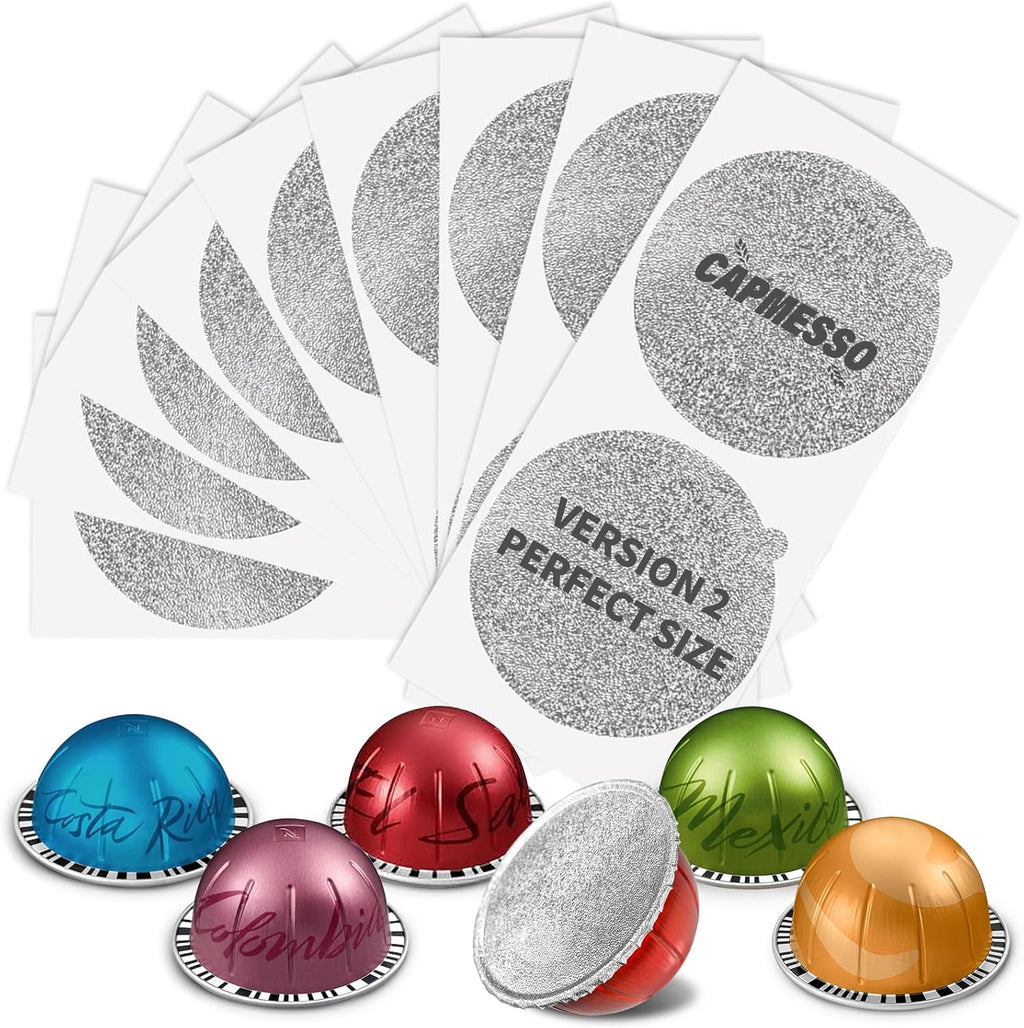 CAPMESSO Aluminum Foil Lids for Nespresso Vertuo Pods: 100 PCS Foil Seal Cover for Reusable Nespresso Pods Vertuo - V2 Perfect Size for nespresso refillable pods(Foil Lids Only)
