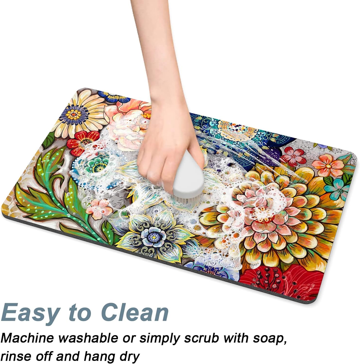 Rnivvi Coffee Mat, 12" x 19" Cute Flower Theme Coffee Bar Mats for Espresso Machine Station Accessories and Organizer, Hide Stain Rubber Backed Absorbent Dish Drying Pad for Kitchen Counter, Mandala