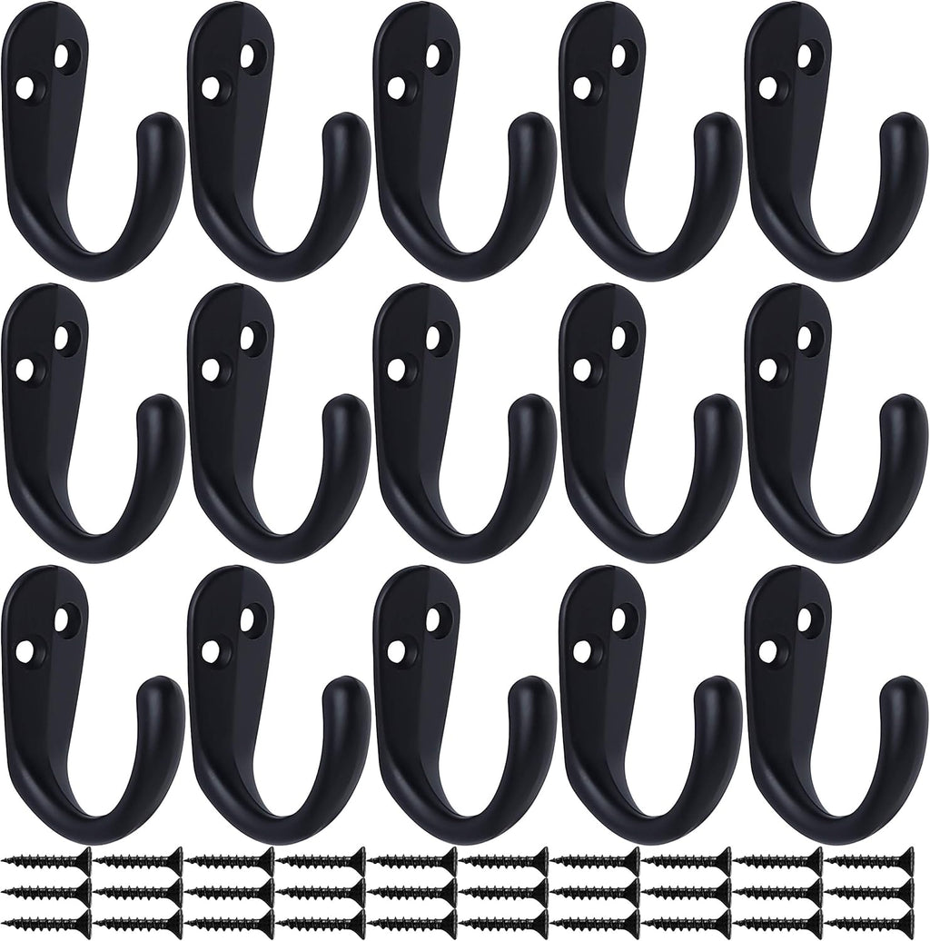 IBosins 15PCS Coat Hooks Wall Mounted Single Prong Robe Hook for Hanging Towel Hooks with 30 Screws for Bags, Hat, Cap, Scarf, Cup (Black)
