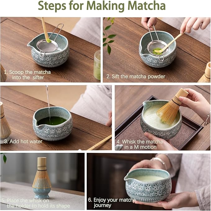 Matcha Whisk Set, Ceramic Matcha Kit Includes Matcha Bowl, Matcha Whisk and Holder, Bamboo Scoop, Scoop Rest, Sifter and Tea Towel - 7 Pcs Matcha Kit for Matcha Lovers (Blue)
