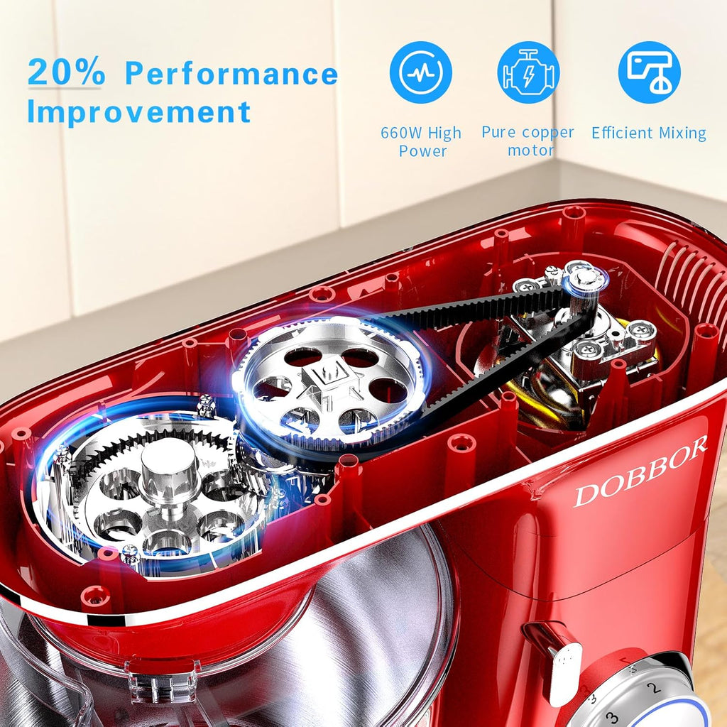 DOBBOR Electric Stand mixer, 9.5QT 660W 7 Speeds Tilt-Head Dough Mixers, Bread Mixer with Dough Hook, Whisk, Beater, Splash Guard for Baking Bread, Cake, Cookie, Pizza, Muffin, Salad and More - Red