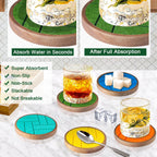 Coasters for Drinks Absorbent 5 Pack, Wood Coasters with Felt Pads, Drink Coasters for Coffee Tabletop Protection, Non-Slip, Non-Stick, Suit for Kinds of Cups 4.3 inch (Colorful Series)