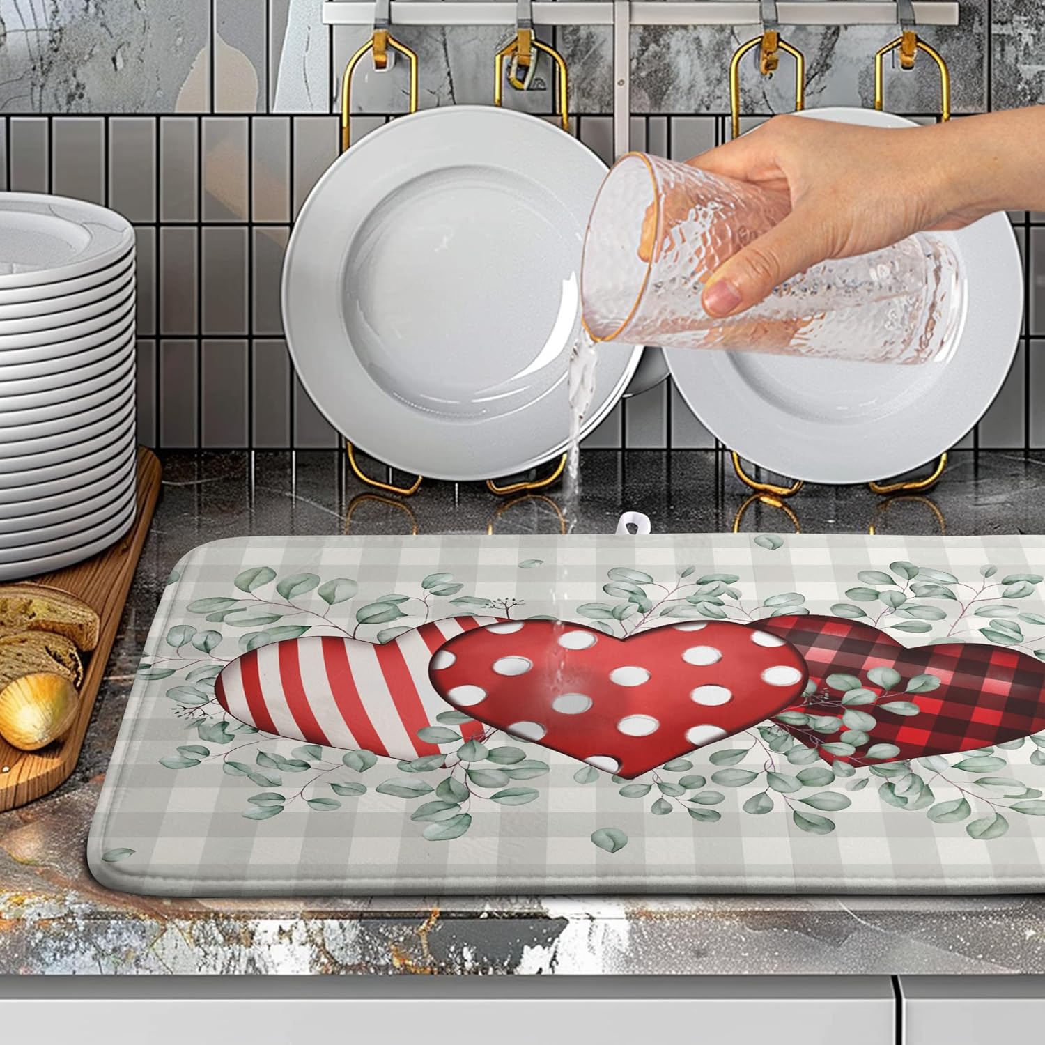 Valentines Day Dish Drying Mat Valentine Buffalo Plaid Eucalyptus Hearts Dishes Dryer Pad for Kitchen Countertops Microfiber 18x24 Inches
