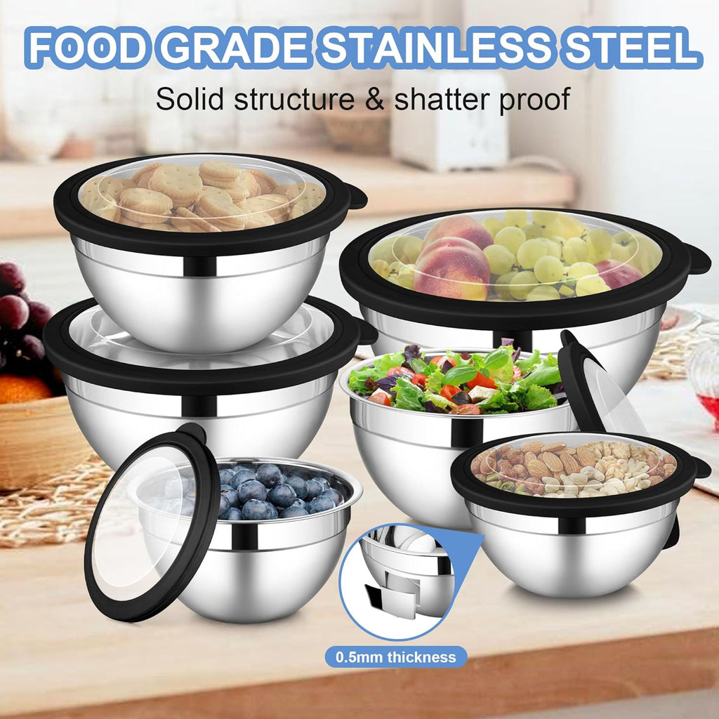 LIANYU Stainless Steel Mixing Bowls Sets of 6, Large Metal Nesting Bowl Sets for Home Kitchen, 7, 3.5, 2.5, 2, 1.5, 1QT Size with Transparent Airtight Lids, Dishwasher & Freezer Safe, Black
