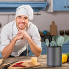 Kitchen Utensil Holder Extra Large 360°Rotating For Counter Organizer Stainless Steel Storage Cooking Silverware Caddy 3 Compartment Flatware Spoon Spatula Tool Cutlery Container(Grey)