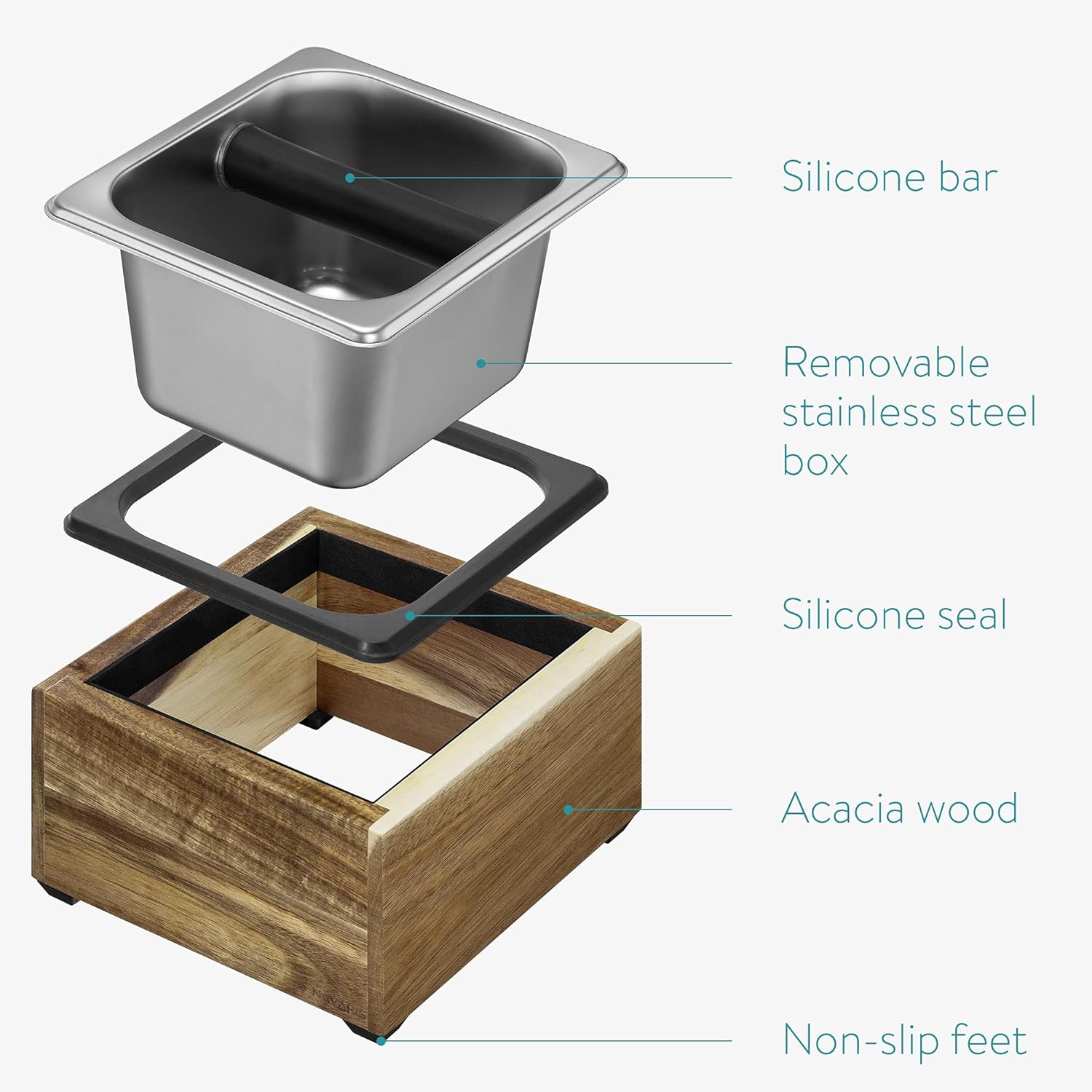 Navaris Coffee Knock Box - Stainless Steel and Wood Bin for Espresso Machine Coffee Grounds - With Silicone Bar for Knocking Portafilter Filter Grinds